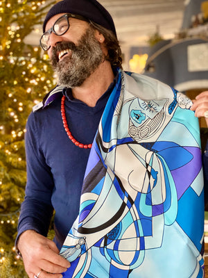 "BLUE DANCE" Mauro Bergonzoli silk scarf - handmade in Como, Italy